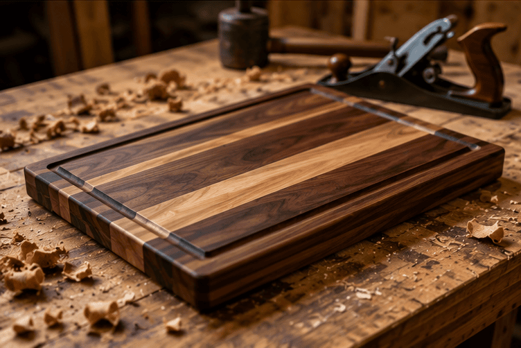 Finished hardwood cutting board on woodworking bench