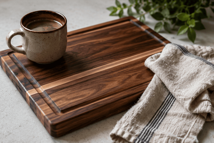 Hardwood cutting board styled with linen towel and coffee mug