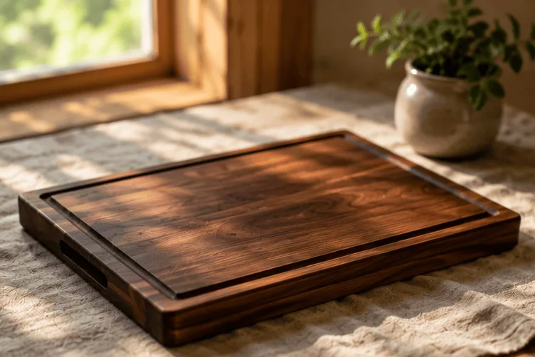 Koshur Chaan Woodworking Artisan handmade hardwood cutting board with rich grain on beige cloth in sunlight, accented by a potted plant for natural charm. Johns Creek, GA
