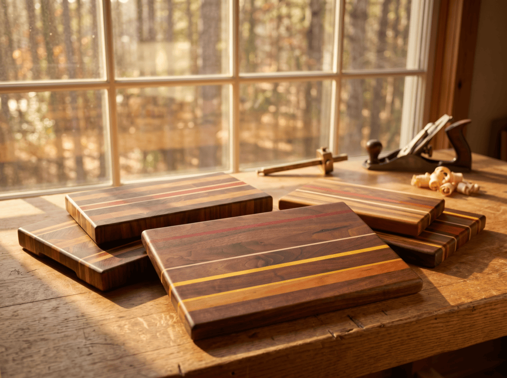 Koshur Chaan Woodworking Four artisan hardwood cutting boards with vibrant inlaid stripes on a wooden table, hand plane and wood shavings in the background. Johns Creek, GA