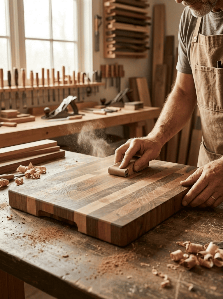Koshur Chaan Woodworking Artisan sanding a handmade striped hardwood cutting board in a sunlit Georgia workshop, surrounded by tools and wood shavings. Johns Creek, GA