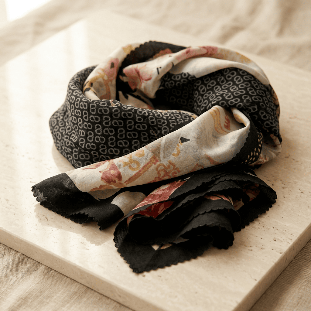 Artisan Turkish scarf in a black and ivory floral print, arranged on a stone surface