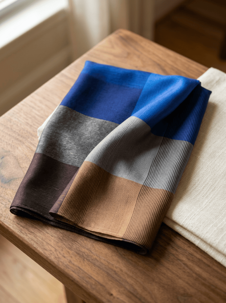Turkish scarf in cobalt and camel color blocks