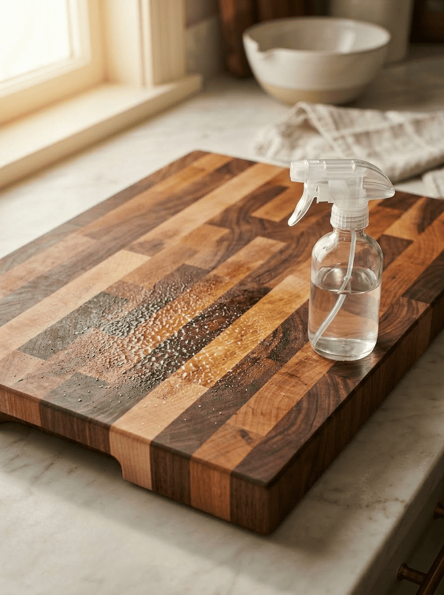 Koshur Chaan Woodworking Sunlight illuminates an artisan walnut cutting board from Georgia with a glass spray bottle on marble, cloth and bowl in background. Johns Creek, GA