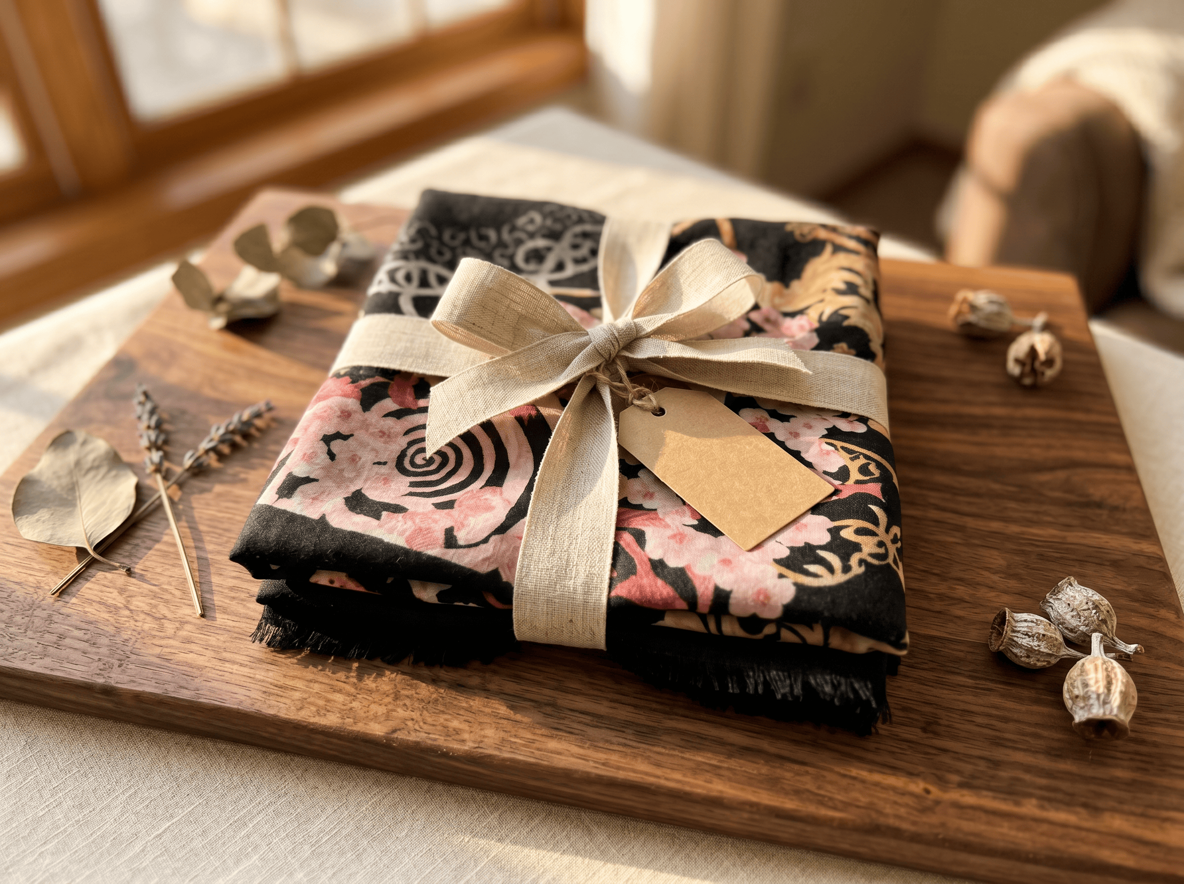 Turkish scarf with a black, blush and gold floral print
