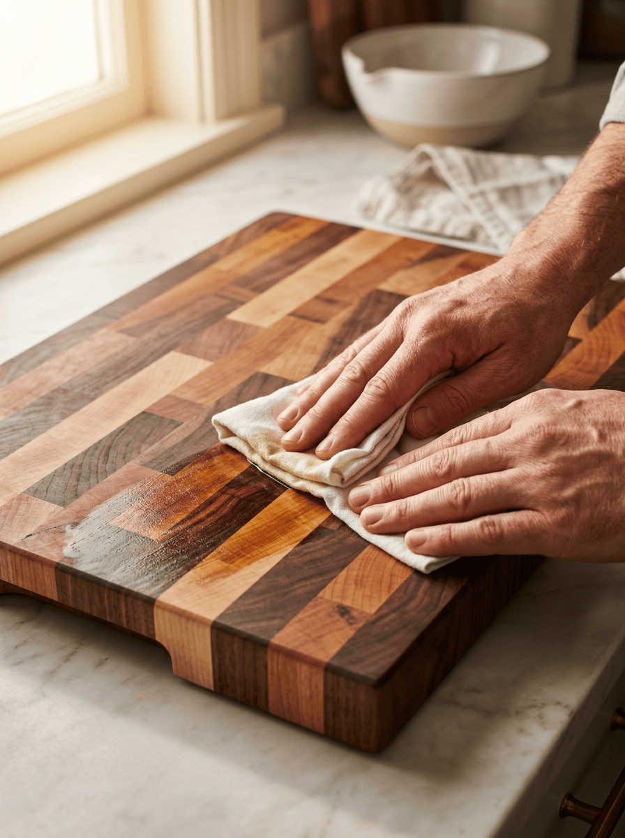 Koshur Chaan Woodworking Hands gently clean a handmade hardwood cutting board on a marble counter, sunlight highlighting its artisan wood grain. Johns Creek, GA