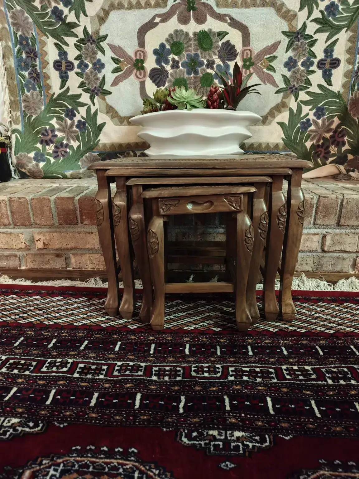 Complete set of carved Kashmiri walnut nesting tables
